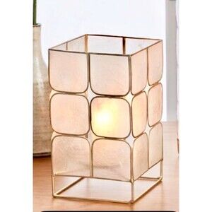 Capiz shells hurricane candle holder set in a gold brass frame